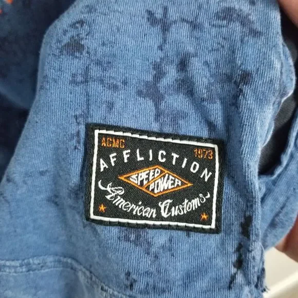 Affliction American Customs Warpath Blue Distressed Skull Graphic T-Shirt Sz XL - Picture 4 of 13